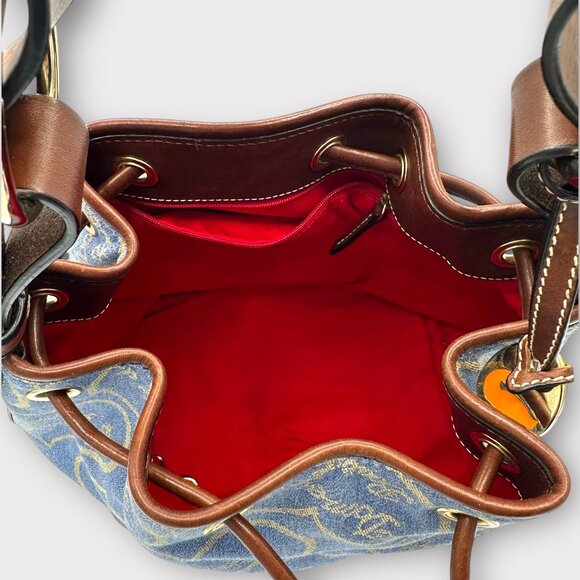 Vintage Dooney & Bourke Blue Denim Canvas Hearts Sig Drawstring Bucket Bag - Picture 13 of 15